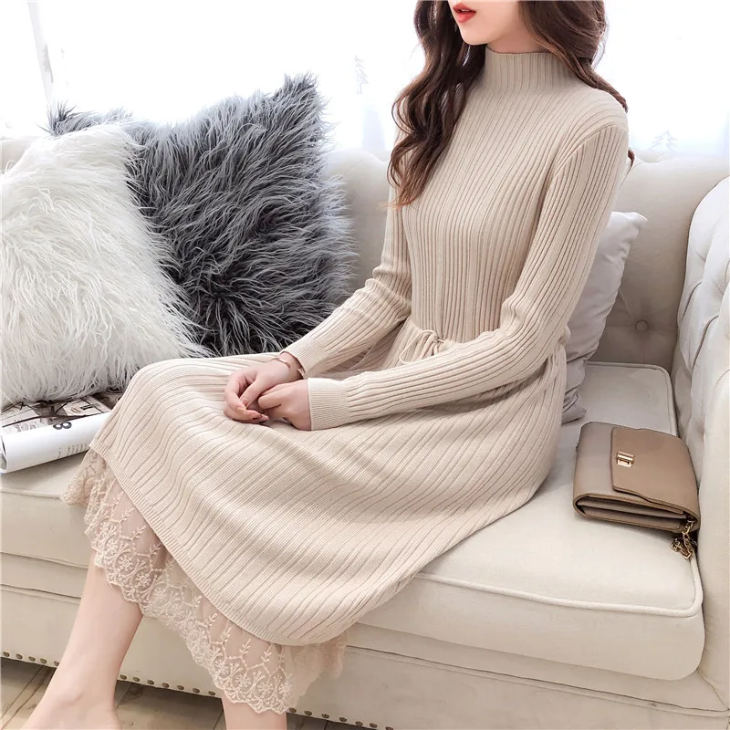 

Women's Dress 2019 Spring and Autumn New Long Section Stitching Lace Tie Waist Slim Knit Bottoming Sweater Dress