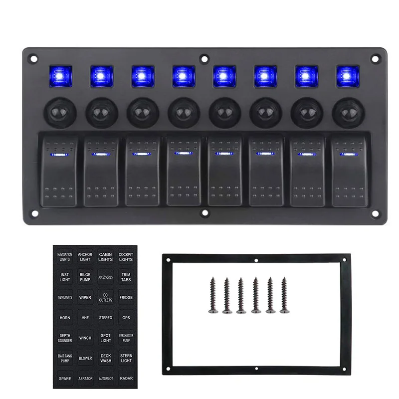 

8 Gang 12V 24V Auto Boat Car Toggle Rocker Switch Panel Waterproof Red Blue LED Circuit Breaker ON-Off Ignition Switch Panel
