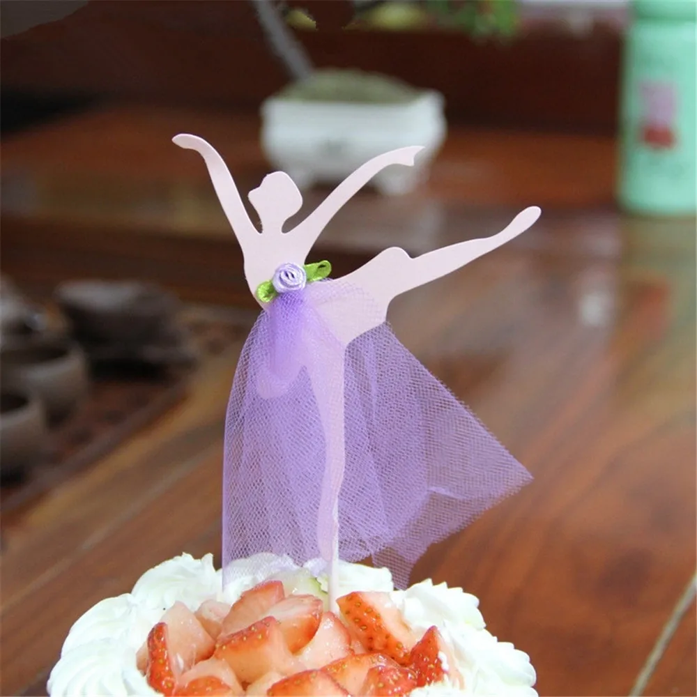 

CRLEY Brand New 2pcs Cake Topper Wedding Ballet Princess Dance with Yarn Bow knot Pink Purple Banner Card Baking Accessory