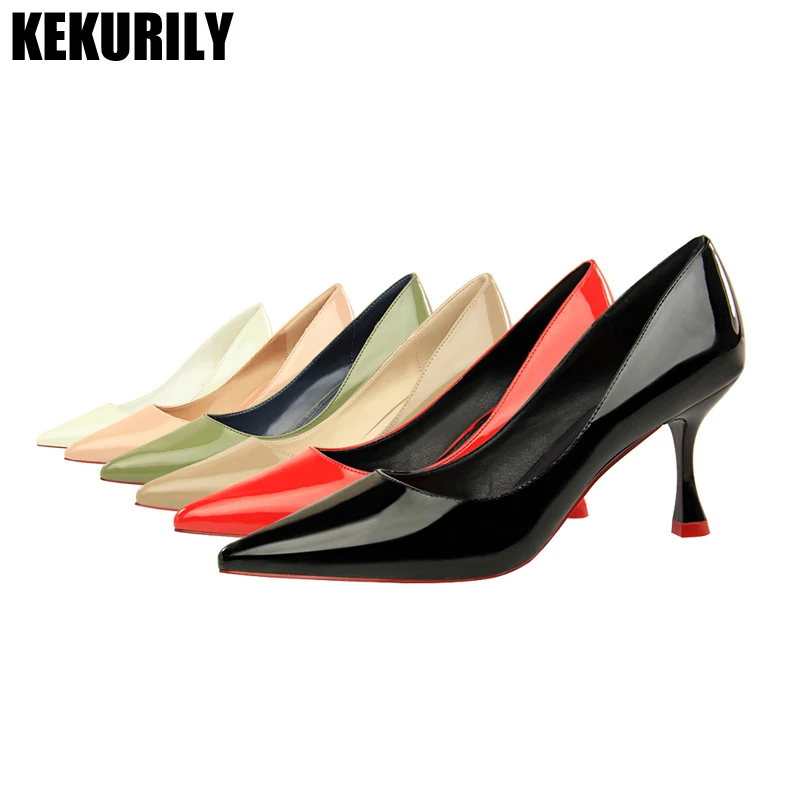 

Shoes Woman Patent Leather Slip on Sandals Pointed Toe Pumps High Heels Slides Occupation Shoes Black Red Green Khaki Pink White