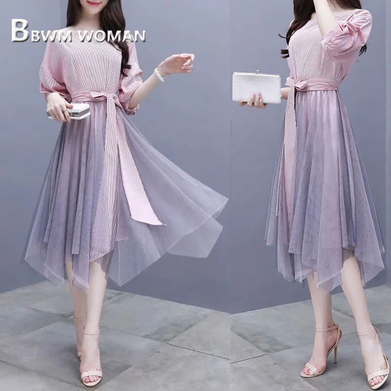 

2019 Spring Women Sets Slash Neck Stripe Blouse and Pleated Skirt Female Sets