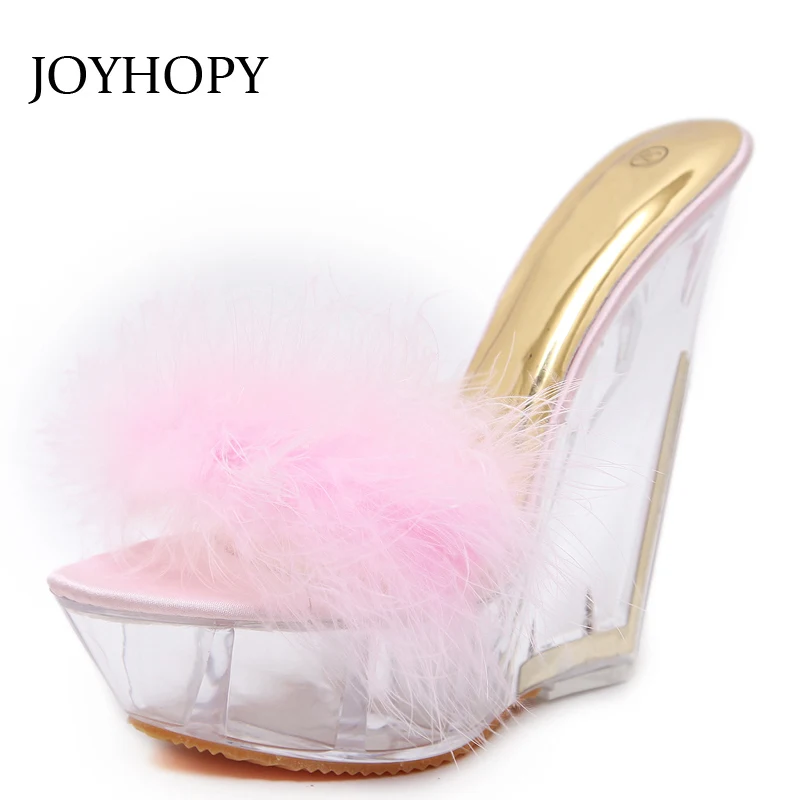 

JOYHOPY Women Transparent Crystal Heel Sandals Summer Feather Platform High Heels Shoes Fashion Wedges Slippers Ladies WS1683