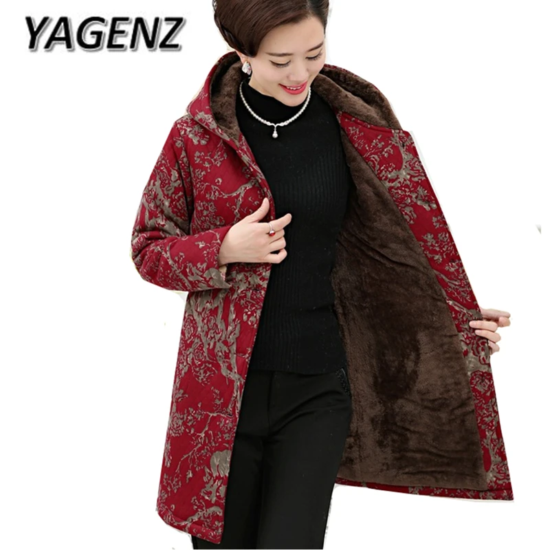 

YAGENZ 5XL Middle-aged Winter Women Hooded Jacket Velvet Loose Thick Cotton Coat Single-breasted Mother Print Warm Jacket 2017