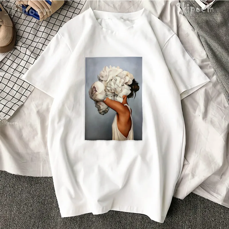

New Cotton Harajuku Aesthetics Tshirt Sexy Flowers Feather Print Short Sleeve Tops & Tees Fashion Casual Couple T Shirt