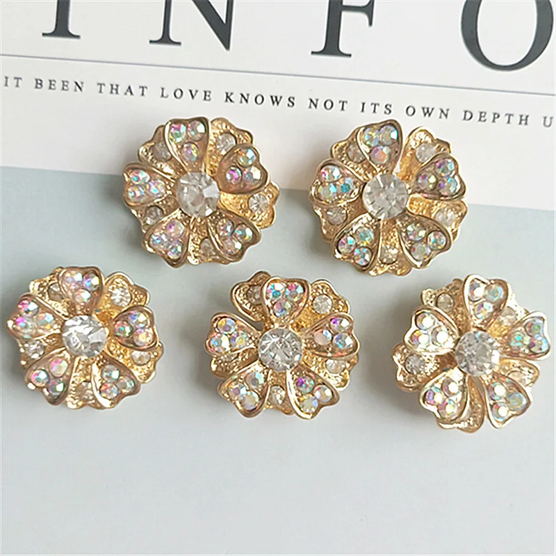 5pcs/lot 25mm*25mm Alloy Flower Rhinestone Buttons Flatback for Craft Wedding Invitation Card DIY Girl Hair Bowknot Metal Button