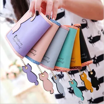 

New Fashion Magical Fashion Women Cat Polka Dot Printing Cartoon Coin Purse Short Wallet Bags PU Card Holder Female Purse Clutch