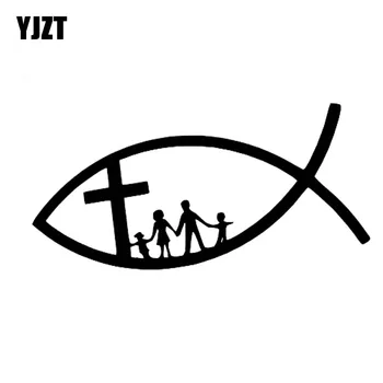 

YJZT 14cm*6.8cm Funny CHRISTIAN FISH JESUS FAMILY CROSS CHURCH Vinyl Car Sticker Decals Black Silver C11-0147