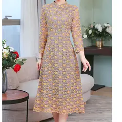 Для женщин Винтаж элегантной вышивкой Чонсам с цветами кружевное платье 2019 три четверти рукав Повседневное Qipao офисный женский Вечеринка