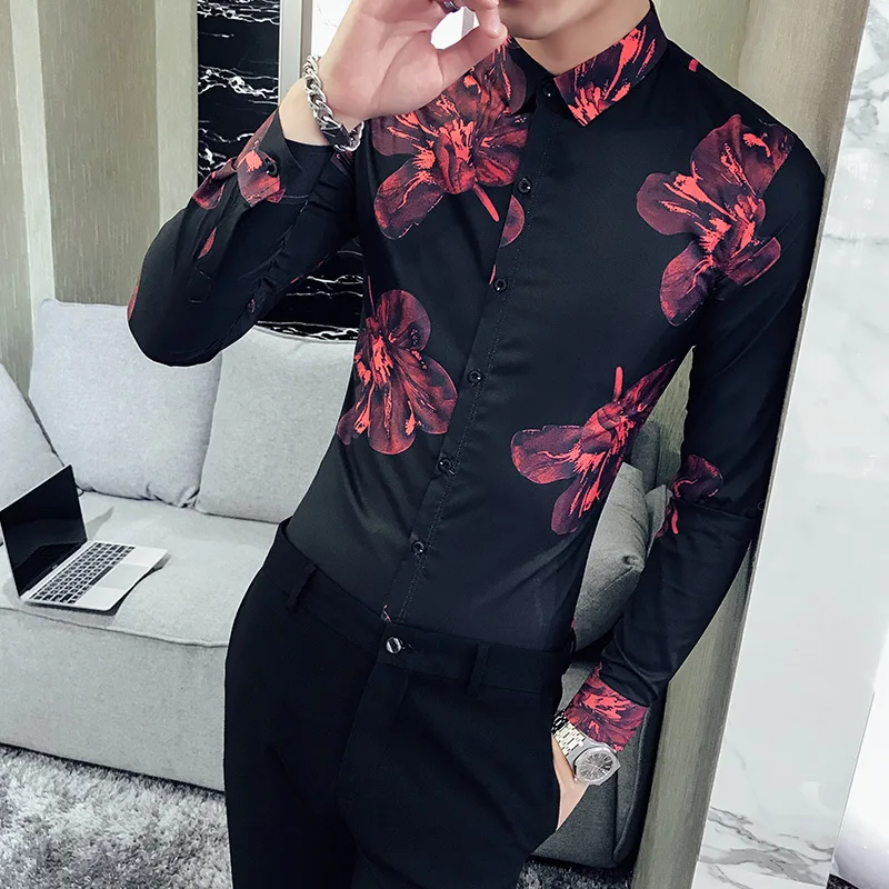 

Autumn Shirt Men Long Sleeve Shirt Nightclub Party Shirt Fashion Floral Casual Shirt Slim Fit Shirts Men Dress Streetwear Top