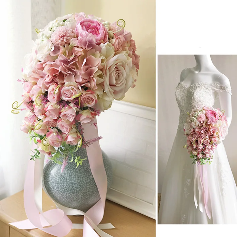 JaneVini романтический розовый водопад Свадебный букет цветов в стиле кантри искусственный шелк фиолетовый букет роз De Mariee