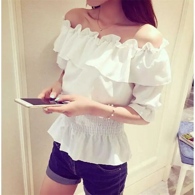 

Chiffon Shirt Female Short Sleeved Summer Korean Loose Thin Ruffled Off The Shoulder Chiffon Shirt Tide Blusas Mulher Elegantes