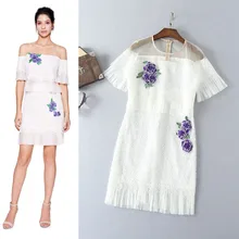 women’s clothing white gauze round collar short sleeve + water soluble embroidered pressure plait dress