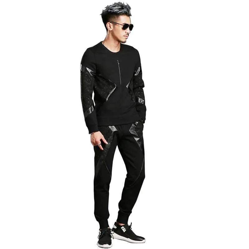 Spring Autumn PU Patchwork Hoodies 2PCS Sets with Joggers Pants Tracksuit Men Casual Slim Sweatshirt Pullover Trousers Suits Spring Autumn PU Patchwork Hoodies 2PCS Sets with Joggers Pants Tracksuit Men Casual Slim Sweatshirt Pullover Trousers Suits