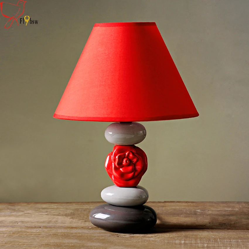 

Modern nordic simple Red Ceramic table lamp,Ceramic lamp holder fabric lampshade creative deco desk lamp bedroom bedside lamp