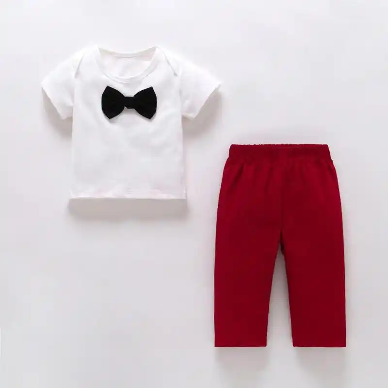 Toddler 2pcs//set Bowknot Decor Boys Kid Summer O-neck Solid Tops+Casual Trousers