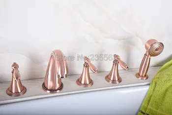 

Antique Red Copper 5 hole Deck Mounted Bathroom Shower Faucet Tub Hand Shower ltf195