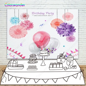 

Birthday Backgrounds for Photography Watercolor Paperflowers with Silver Balloon Photo Backdrop Newborn Kids Birthday Wall Decor