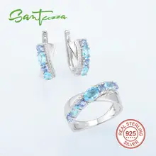 Sistemas de la joyería Para Las Mujeres Azul Espinela CZ Diamond Blue Grass Stud Pendientes Set 925 Joyería de Plata Esterlina Del Anillo de la Joyería conjunto
