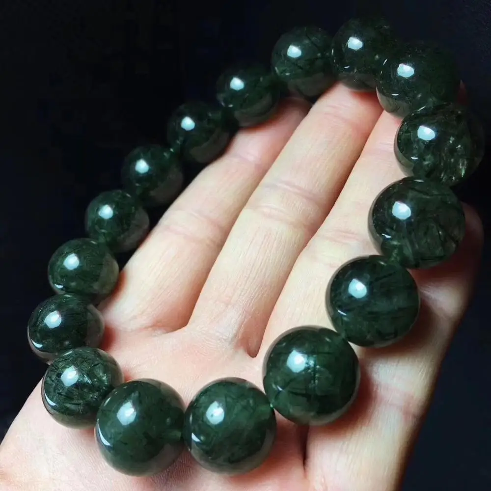 free shipping Natural GREEN Rutilated Quartz HAIR Crystal Stretch Beads Bracelet AAAA 14mm | Украшения и аксессуары