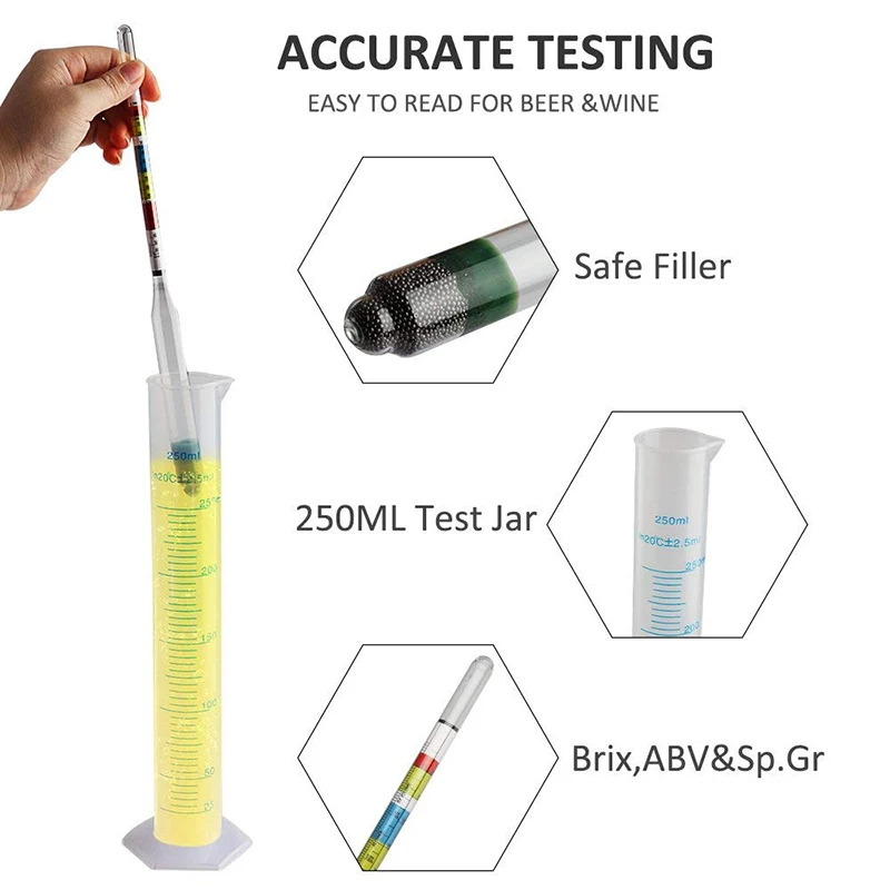 Hydrometer &Test Jar For Wine Beer Mead And Kombucha,Triple Scale Hydrometer,250ml Plastic Mesuring Cylinder,Cleaning Brush &Bag
