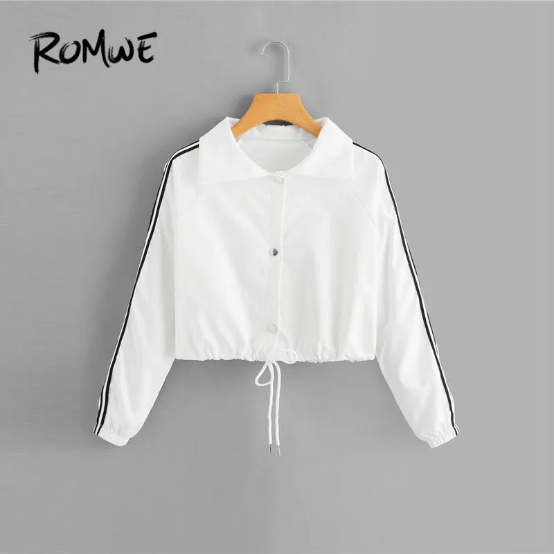 

ROMWE Striped Tape Side Drawstring Hem Cropped Jacket Women Sporty Long Sleeve Elastic Cuff White Jacket Ladies Casual Coat