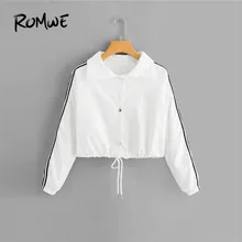 ROMWE Striped Tape Side Drawstring Hem Cropped Jacket Women Sporty Long Sleeve Elastic Cuff White Jacket Ladies Casual Coat ROMWE Striped Tape Side Drawstring Hem Cropped Jacket Women Sporty Long Sleeve Elastic Cuff White Jacket Ladies Casual Coat