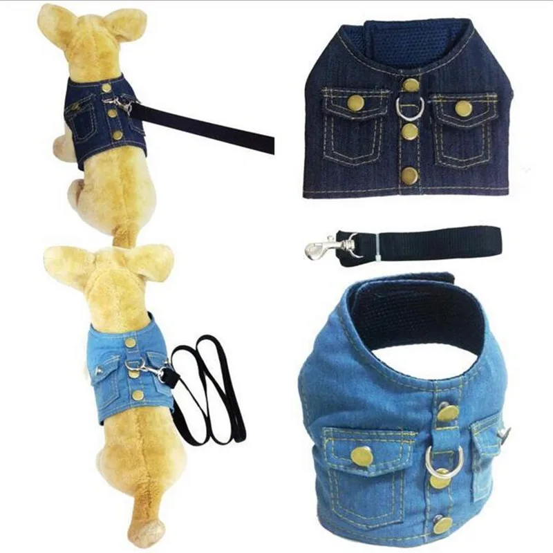 

Fashion Denim Dog Vest Harness Breathing Pet Leads Cat Straps Puppy Leash Chest Collar Outfits Products For Small Dog Pet Supply