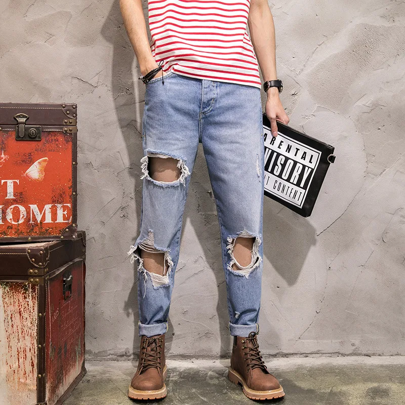 Fashion trend male big broken hole distressed denim trousers personality ripped loose casual ankle length jeans