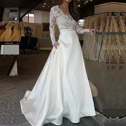 Robe De Mariage 2019 кружево с длинным рукавом свадебное платье атласное свадебное платье Линия V средства ухода за кожей Шеи Свадебное Винтаж Bestido De