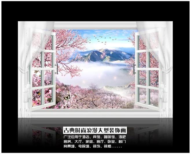 

3DCustomized mural large natural scenery with false windows peach blossom behind TV sofa as background wallpaper in living room
