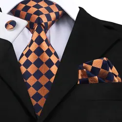 2018 Для мужчин галстук дизайнеры модные золотые плед связей для Для мужчин высокое качество шелковый галстук комплект платок запонки набор