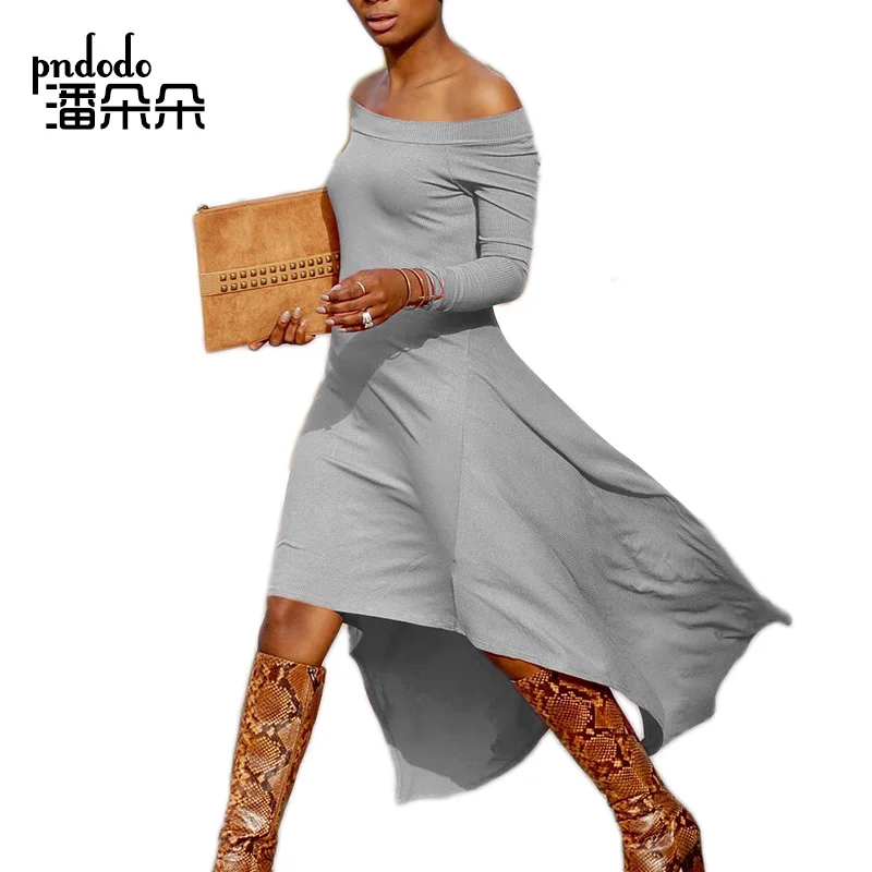 

Pndodo Women Casual High Low Dresses Full Sleeve Off Shoulder Dresses Ribbed Knitted Cotton Asymmetrical Sexy Long Maxi Dress
