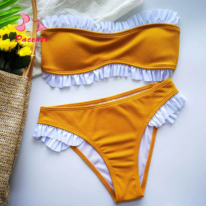 Pacento/4 цвета бандо Бикини Набор рюшами Simwear Для женщин 2018 ванный комплект Женская