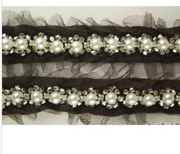 

2 Yard Black Beautiful Lace and Pearl Beaded Trim Ribbon For Sewing Wedding Decoration