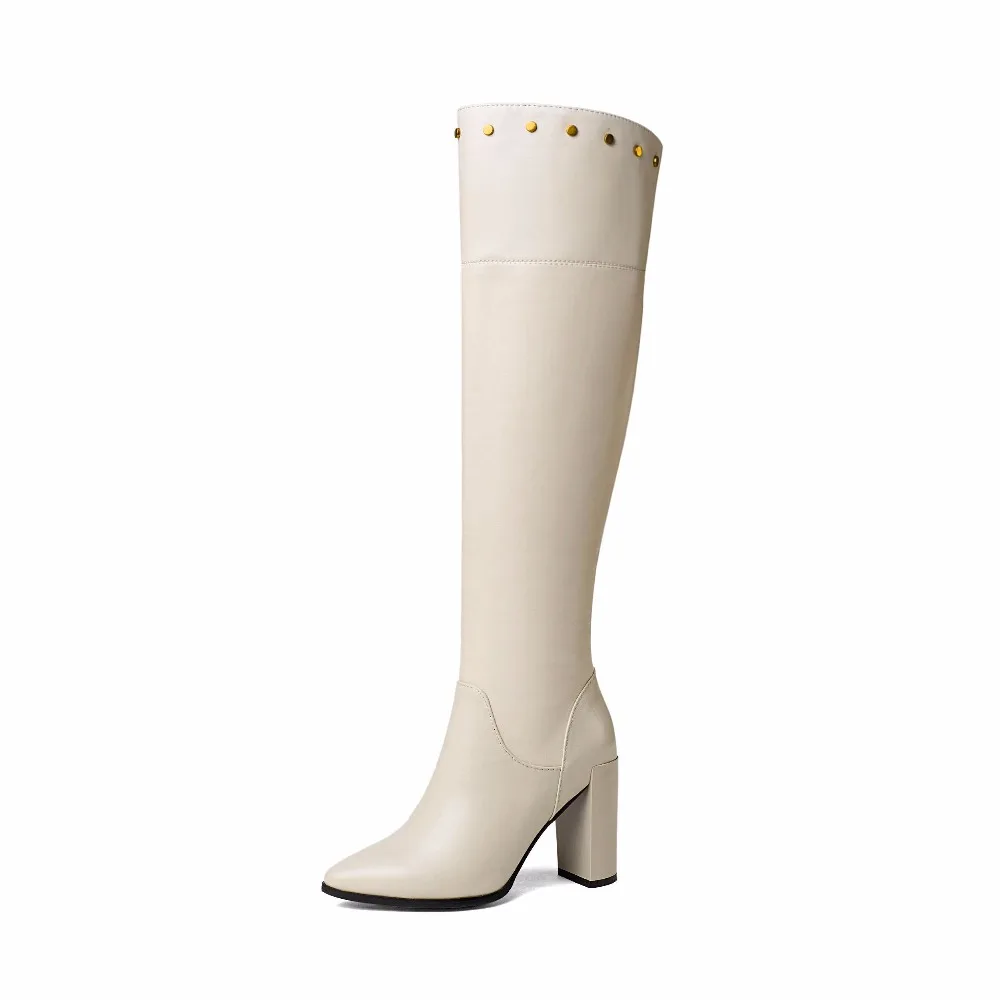 Couleur Talons Super Bout Noir Haute En Noir Cuir Zipper Film Étoiles Lenkisen Femmes Bottes À Du Blanc Solide Hauteur De blanc L45 Genou Pointu Vache Mode A8qwEYw