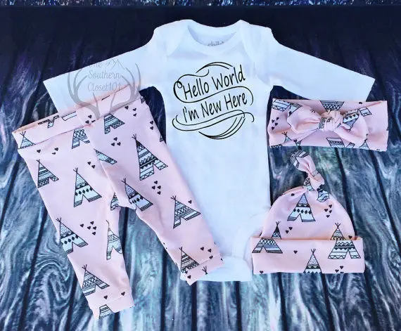 JAYLAY الأطفال من طفلة في خزانة مجموعة الملابس مرحبا العالم كسر قبعة المانجو طويلة السراويل طماق ثلاثة pcs مجموعة الملابس