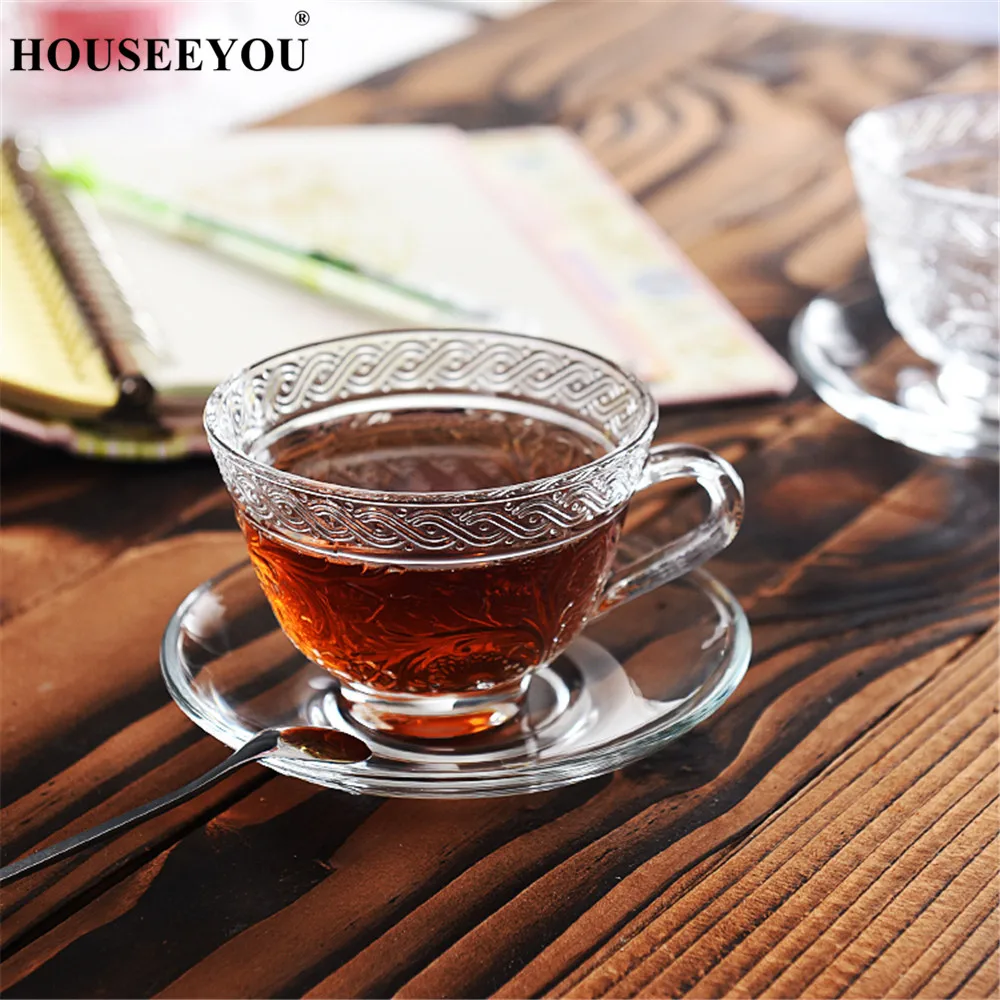 

HOUSEEYOU European Retro Engraved Floral Glass Tea Cup Saucer Set 240ml Teacups Coffee Cup Advanced Porcelain Valentine Tea Mug