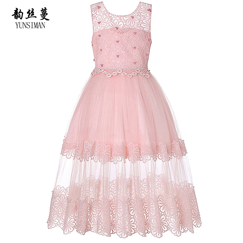 

Children Long Dress Summer 2019 Pearls Flower Lace Dresses for Girls 4 to 15 Year Champagne Green Kids Party Costume Outfit 1A5C