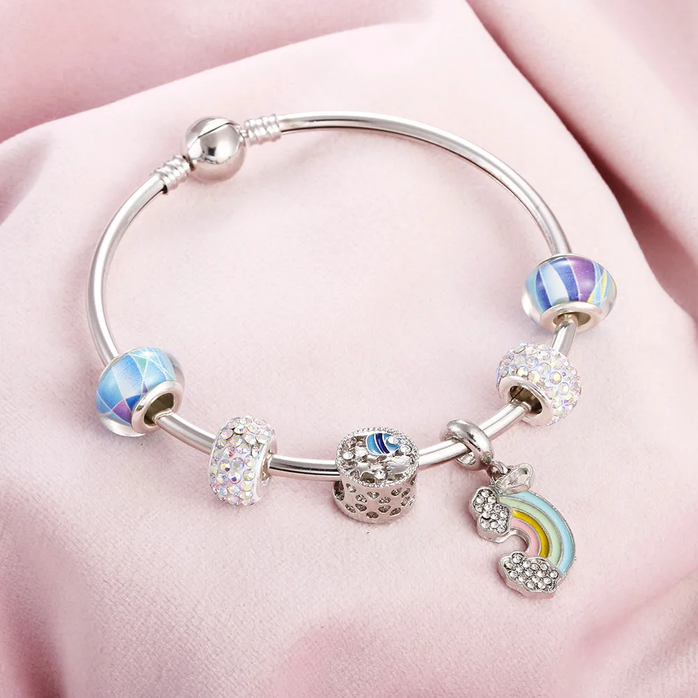 

Vintage Silver Color Charm Bracelet with Rainbow Pendant Heart of the Sea Crystal Ball Brand Bracelets & Bangles Fashion Jewelry