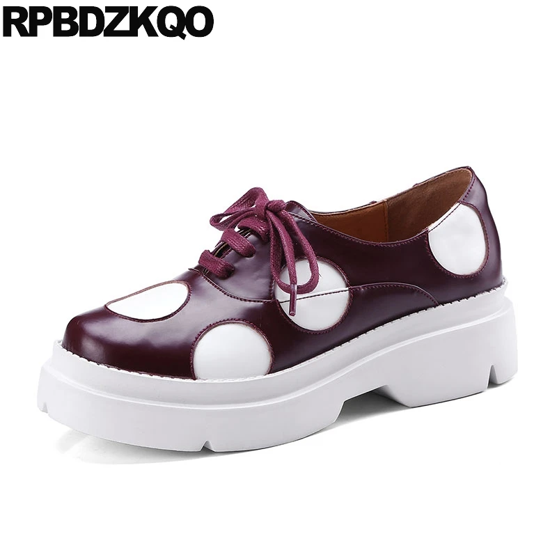 

Platform Genuine Leather Designer Shoes China Black And White Harajuku Wedge Oxfords Muffin Women Polka Dot Cowhide Red Wine