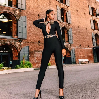 

Fashion Black Bandage Jumpsuit 2018 New Arrival Long Sleeve Luxury Beading Celebrity Party Jumpsuits Women Vestidos Wholesale