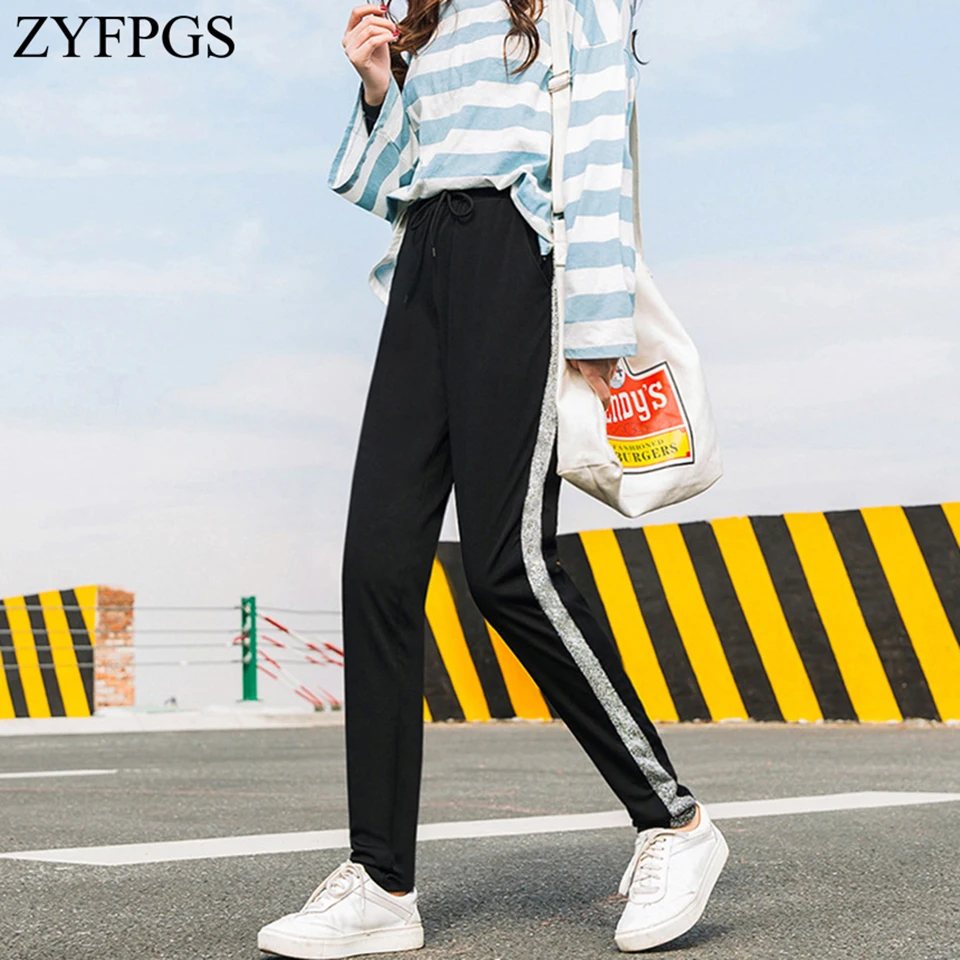 

ZYFPGS 2019 Hot Sweatpants Gray Stitching Pants Patchwork Stripes Women's Pants Hip Hop Fashion Casual Loose Plus Size 4XL Z1118