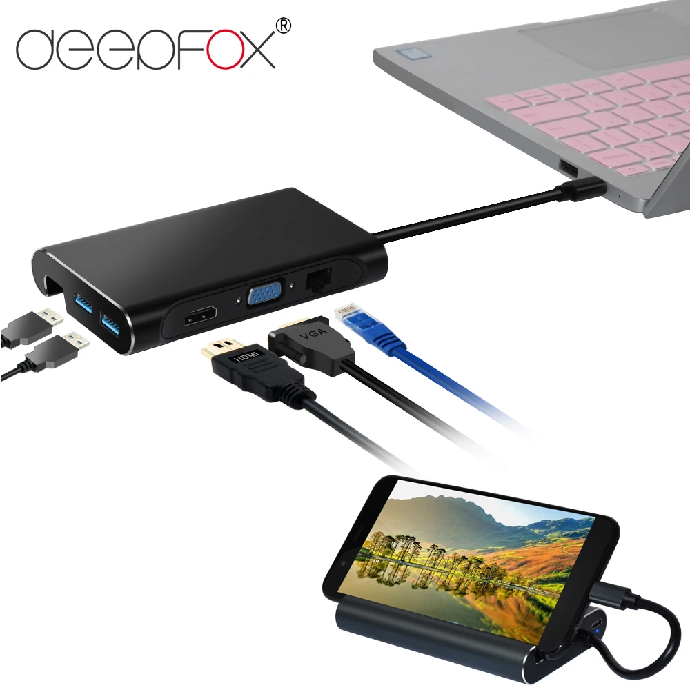 DeepFox PD зарядки RJ45 сети Порты и разъёмы 4 К HDMI VGA HUB держатель телефона для Windows 10 hp samsung S8/ s9 Note8 LG huawei Mate10