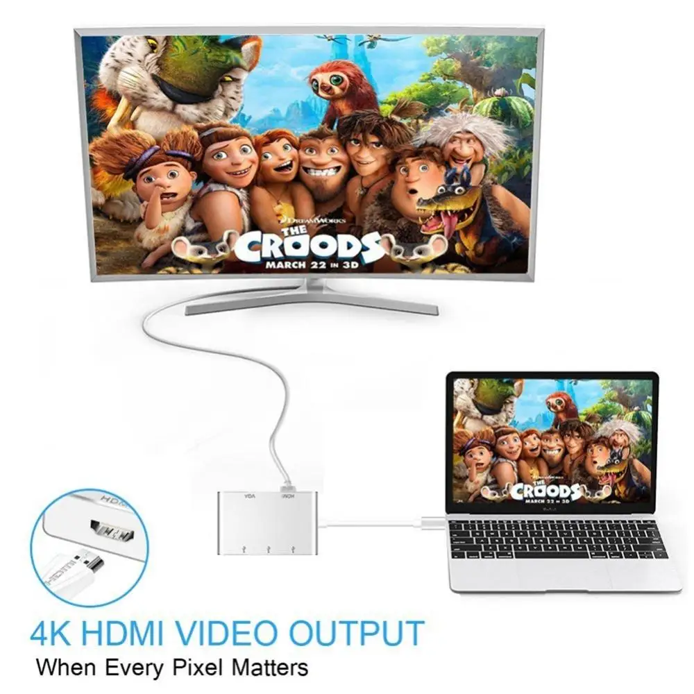  5-in-1 Multi Functional Converter Type-C To HDMI VGA USB 3.0 Multi-port Plug-and-Play Adapter Cable