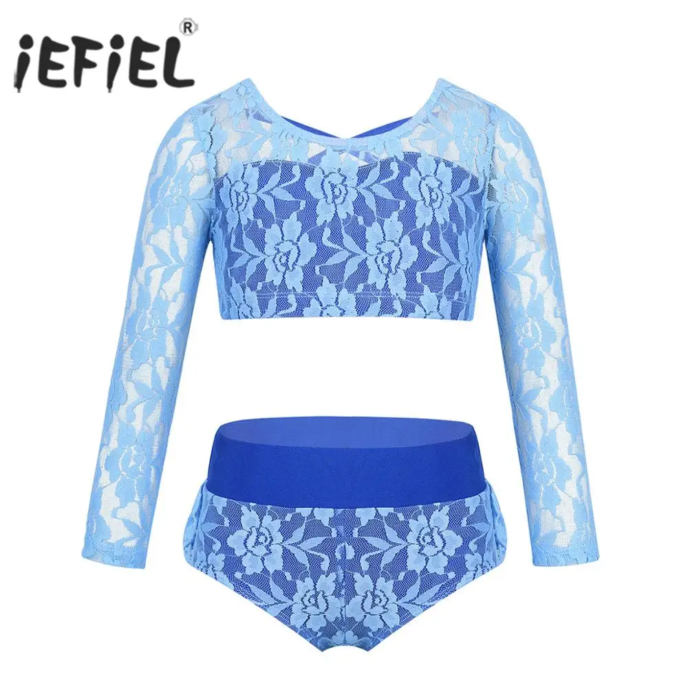 

Kids Girls Dancewear Lace 3/4 Sleeves Criss Cross Back Crop Top with ruffled Briefs Gymnastics Leotard for Dancing Performance