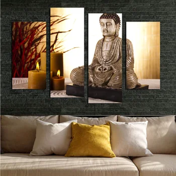 

4 Panel Buddhism Buddha Canvas Painting Antique and candle picture Wall Art Home decoration for living room no frame