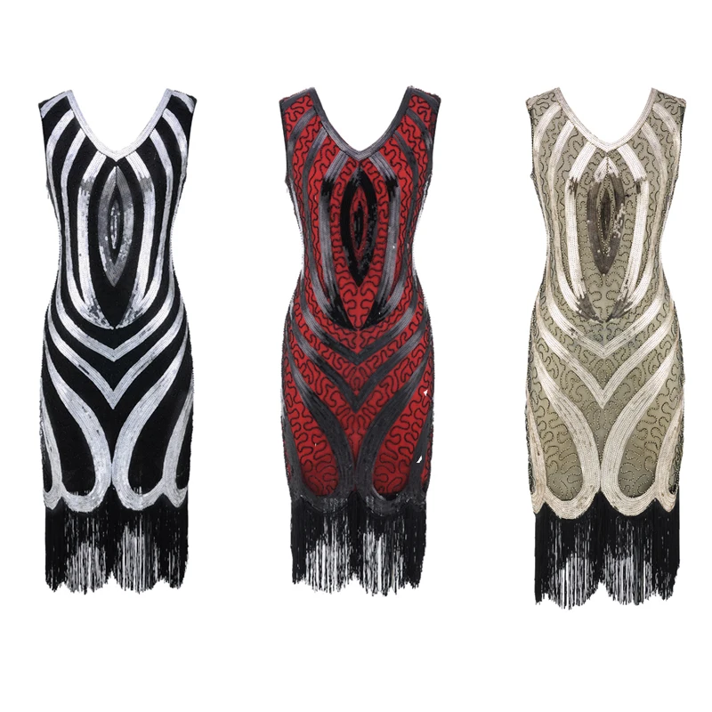 

Vintage Women 1920s Flapper Dress Handmade V Neck Sequin Dress Sparkly Ladies Cocktail Party Dress for Prom Theme Party