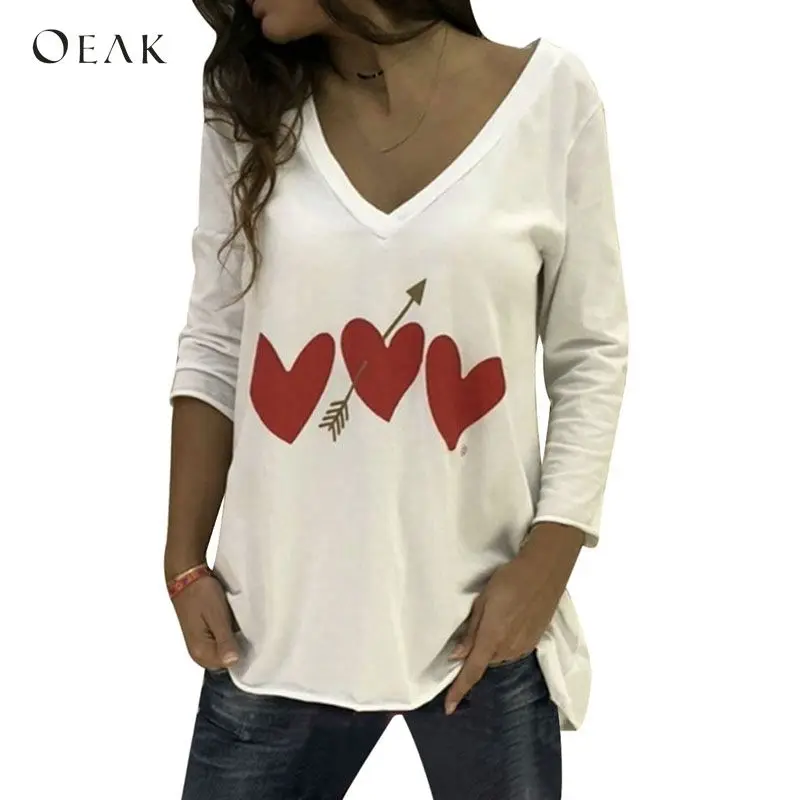 

OEAK 2018 Women Casual Loose T-Shrits Spring Summer Long Sleeve V-Neck Print Funny Tee Shirts Tops Female Fashion Camisetas 2XL