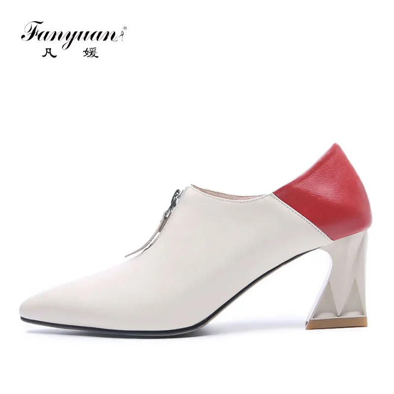 Fanyuan Genuine Leather women pumps comfortable pointed toe women shoes Mixed color Hoof high heels Mature Office & Career shoes Fanyuan Genuine Leather women pumps comfortable pointed toe women shoes Mixed color Hoof high heels Mature Office & Career shoes