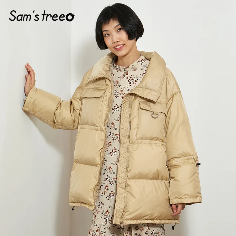

Samstree Solid Pocket Straight Line Warmness Women Down Coats 2019 Winter Zipper Pure Oversived Office Ladies Jackets